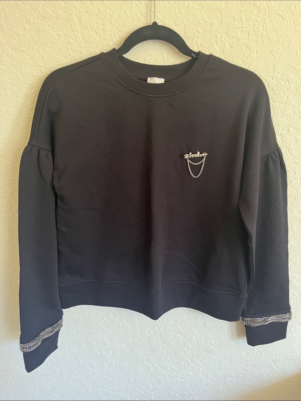 Maeve Black Crewneck Sweatshirt with Silver-Tone Pin and Cuff Trim